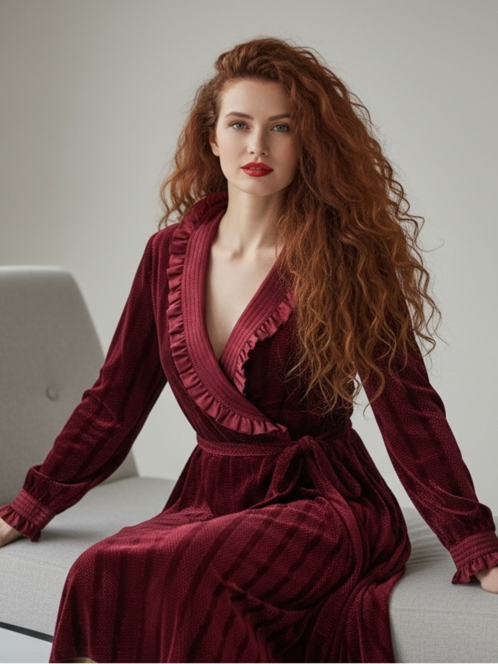 Vintage Conrad Velvet Velour Ruffle Wrap Robe Dress Burgundy Size M